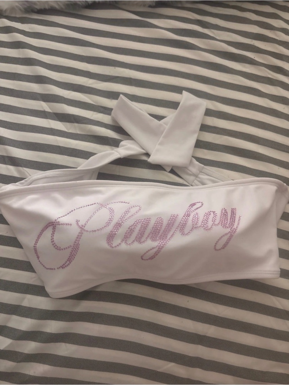pink embroidered PlayBoy tube top